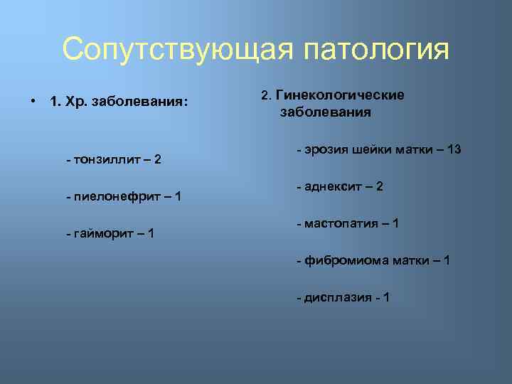 Сопутствующая патология • 1. Хр. заболевания: - тонзиллит – 2 - пиелонефрит – 1
