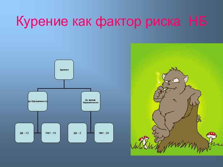Курение как фактор риска НБ Курение Во время беременности До беременности Да - 12