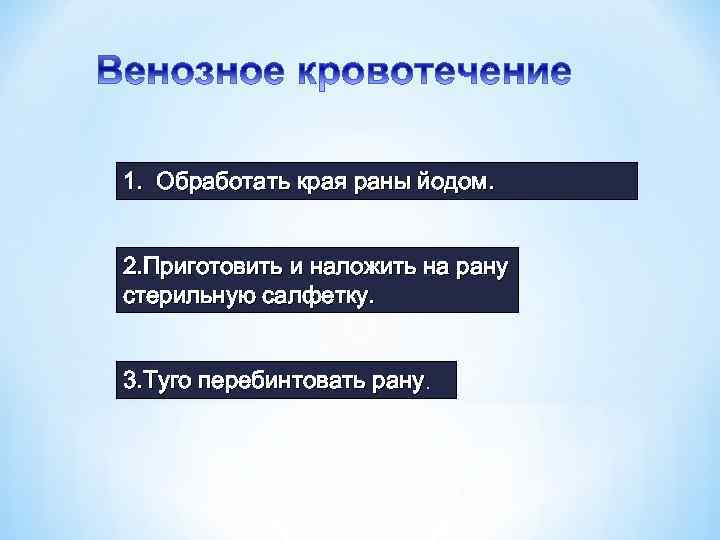 1. Обработать края раны йодом. 2. Приготовить и наложить на рану стерильную салфетку. 3.