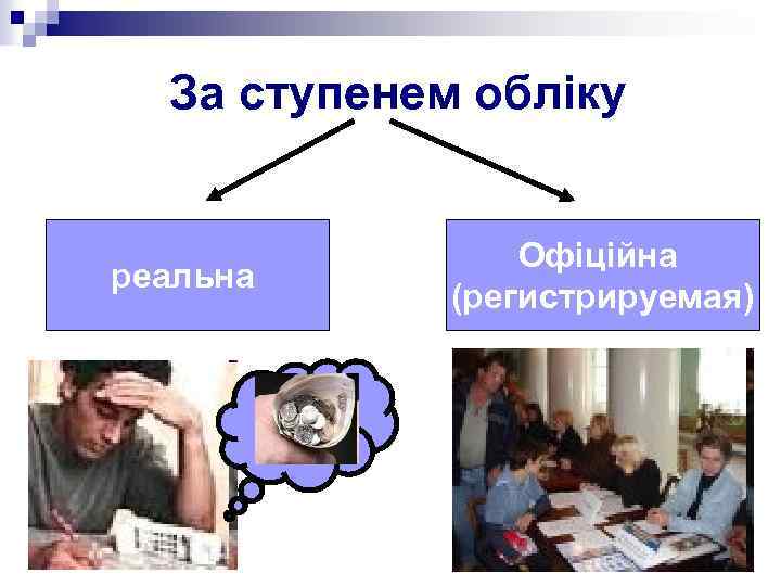 За ступенем обліку реальна Офіційна (регистрируемая) 