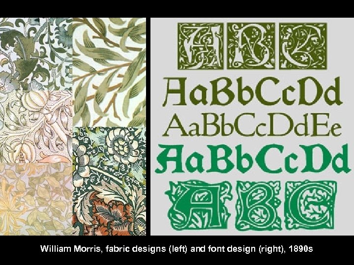 William Morris, fabric designs (left) and font design (right), 1890 s 