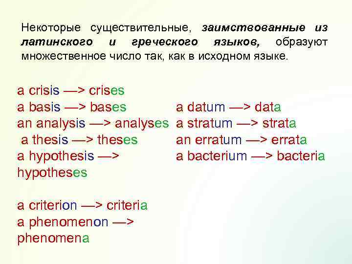Некоторые существительные, заимствованные из латинского и греческого языков, образуют множественное число так, как в