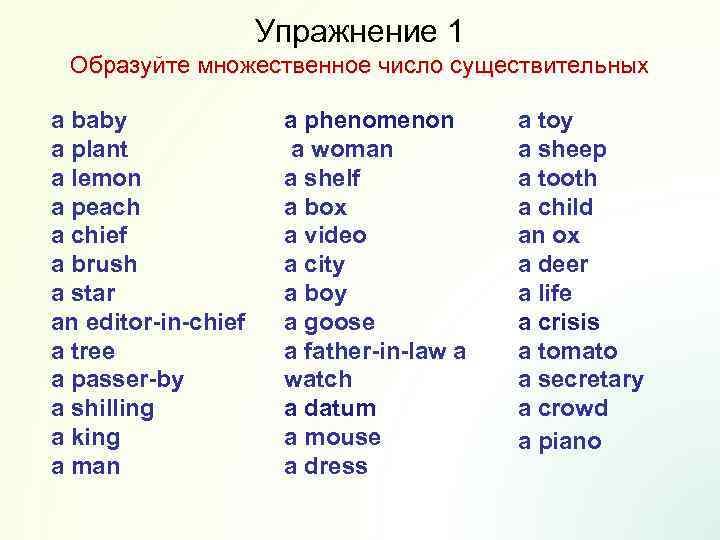 Упражнение 1 Образуйте множественное число существительных a baby a plant a lemon a peach