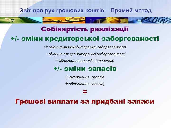 Звіт про рух грошових коштів – Прямий метод Собівартість реалізації +/- зміни кредиторської заборгованості