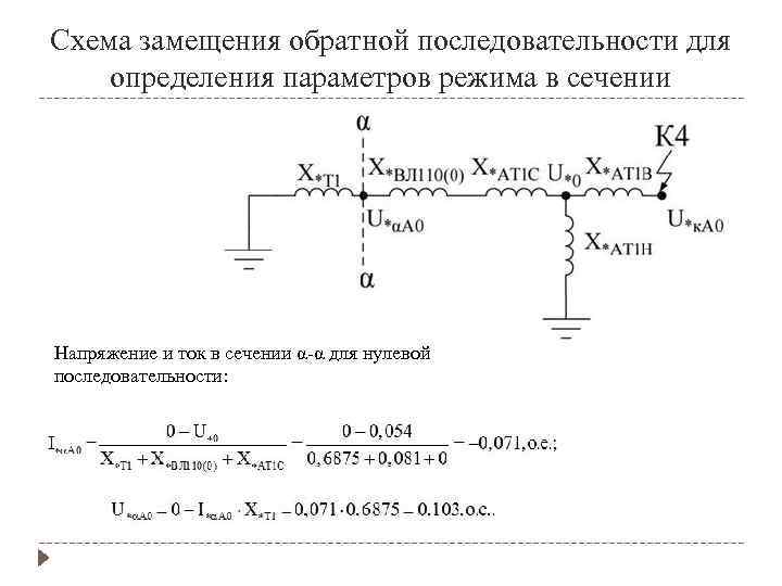Схема замещения обратной последовательности для определения параметров режима в сечении Напряжение и ток в