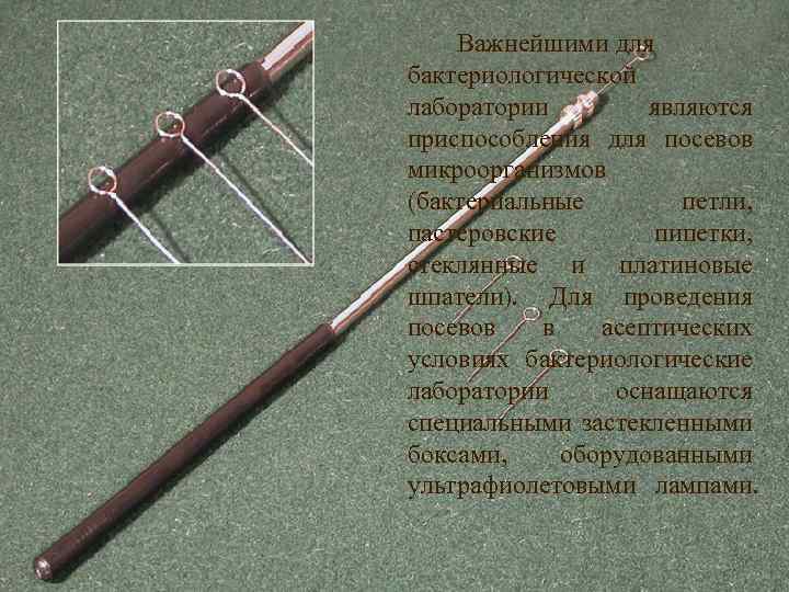 Важнейшими для бактериологической лаборатории являются приспособления для посевов микроорганизмов (бактериальные петли, пастеровские пипетки, стеклянные