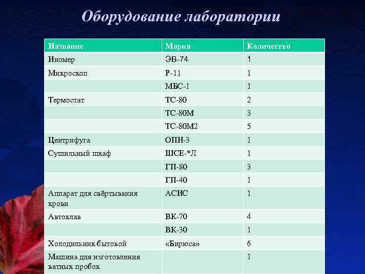 Оборудование лаборатории Название Марка Количество Иномер ЭВ-74 1 Микроскоп Р-11 1 МБС-1 1 ТС-80