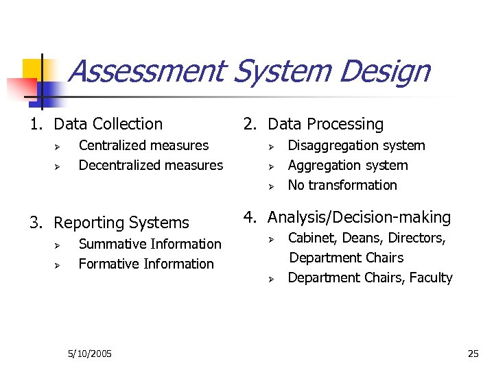 Assessment System Design 1. Data Collection Ø Ø Centralized measures Decentralized measures 2. Data