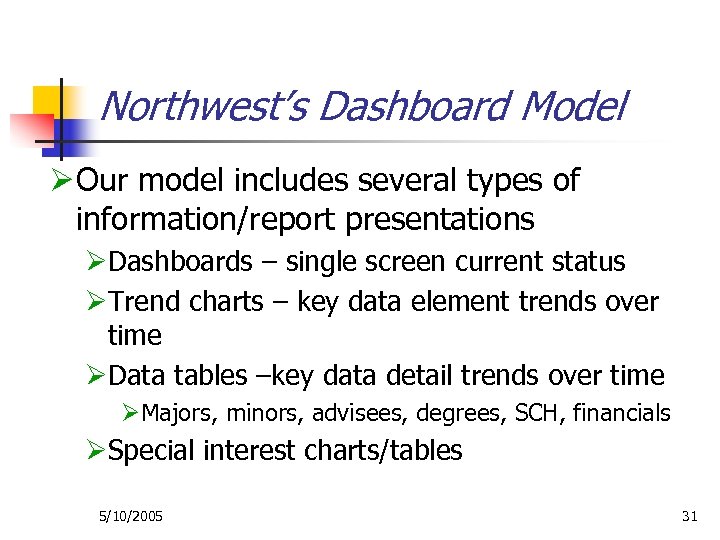 Northwest’s Dashboard Model Ø Our model includes several types of information/report presentations ØDashboards –