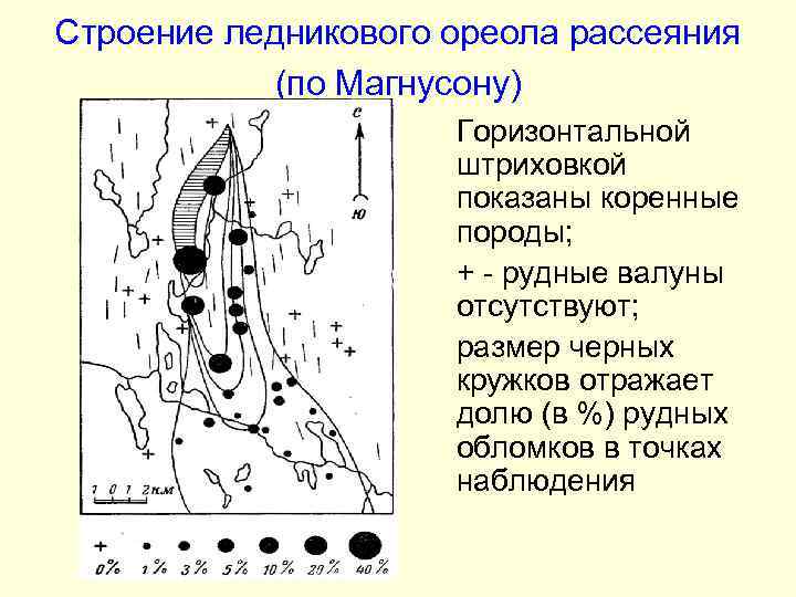 Строение ледникового ореола рассеяния (по Магнусону) Горизонтальной штриховкой показаны коренные породы; + - рудные