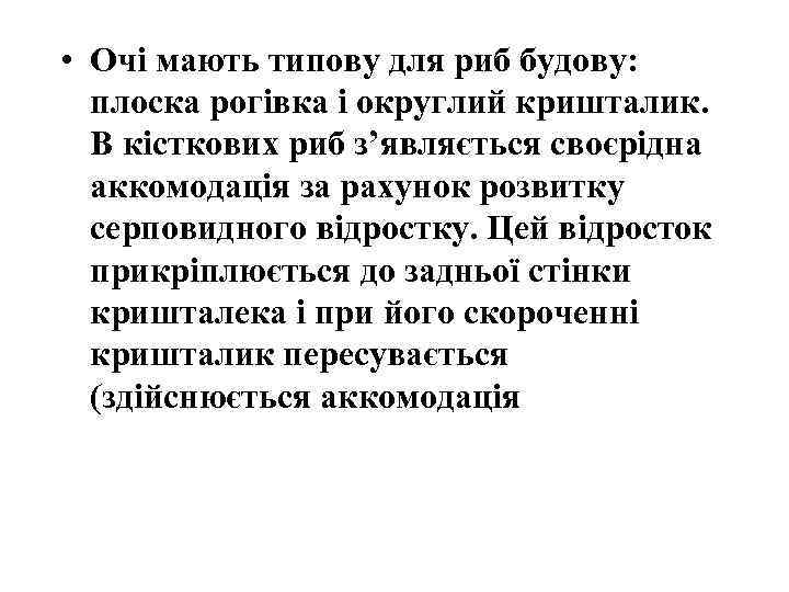  • Очі мають типову для риб будову: плоска рогівка і округлий кришталик. В