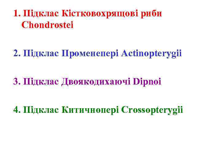 1. Підклас Кістковохрящові риби Chondrostei 2. Підклас Променепері Actinopterygii 3. Підклас Двоякодихаючі Dipnoi 4.