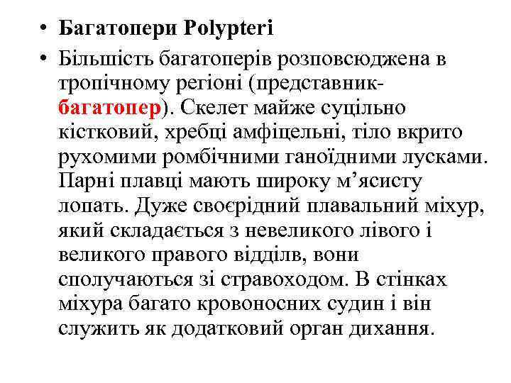  • Багатопери Polypteri • Більшість багатоперів розповсюджена в тропічному регіоні (представникбагатопер). Скелет майже