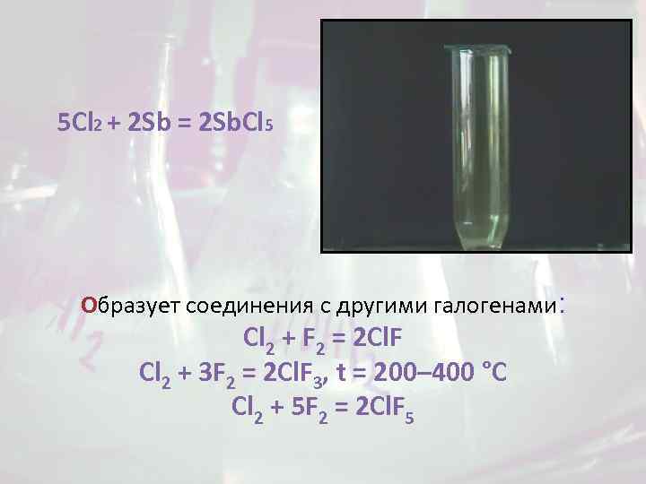 5 Cl 2 + 2 Sb = 2 Sb. Cl 5 Образует соединения с