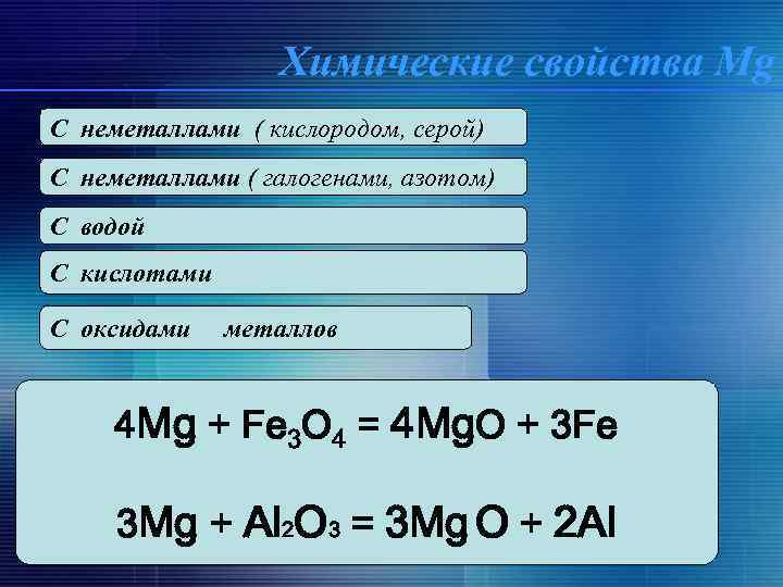 Химические свойства Mg C неметаллами ( кислородом, серой) C неметаллами ( галогенами, азотом) C