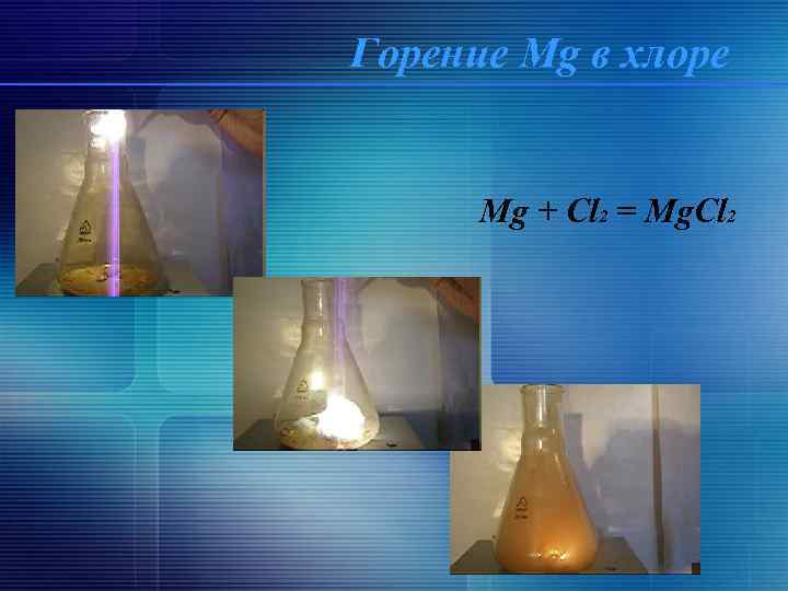 Горение Mg в хлоре Mg + Cl 2 = Mg. Cl 2 8 