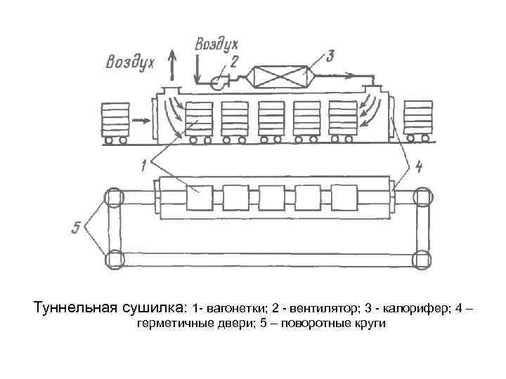 Туннельная сушилка: 1 - вагонетки; 2 - вентилятор; 3 - калорифер; 4 – герметичные