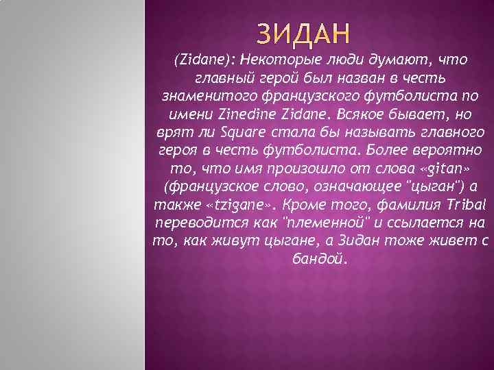 (Zidane): Некоторые люди думают, что главный герой был назван в честь знаменитого французского футболиста