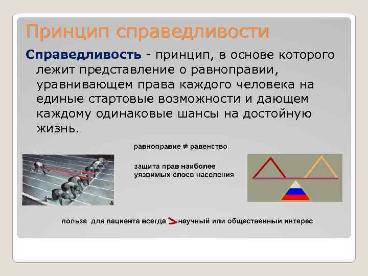 Принцип справедливости Справедливость - принцип, в основе которого лежит представление о равноправии, уравнивающем права