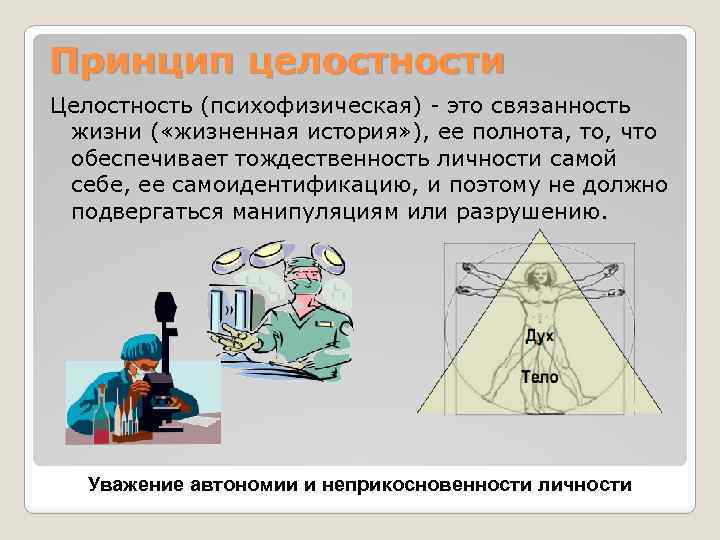 Принцип целостности Целостность (психофизическая) - это связанность жизни ( «жизненная история» ), ее полнота,