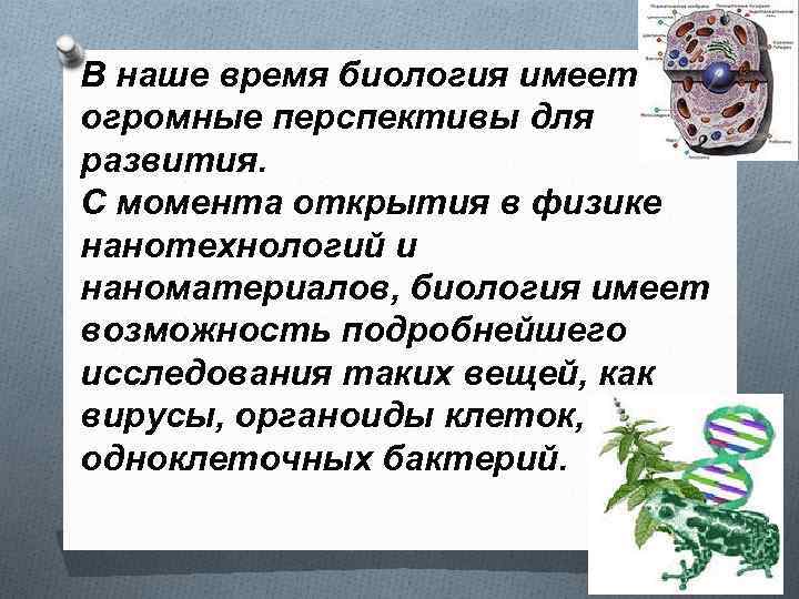В наше время биология имеет огромные перспективы для развития. С момента открытия в физике