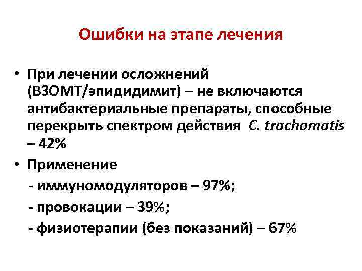 Ошибки на этапе лечения • При лечении осложнений (ВЗОМТ/эпидидимит) – не включаются антибактериальные препараты,