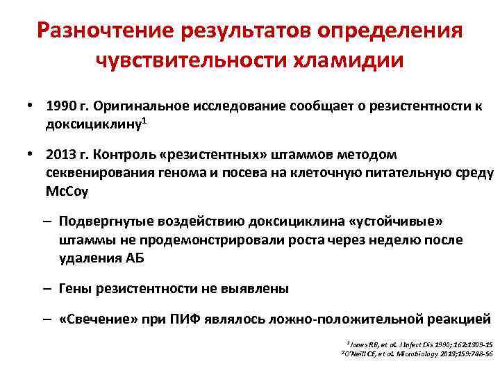 Разночтение результатов определения чувствительности хламидии • 1990 г. Оригинальное исследование сообщает о резистентности к