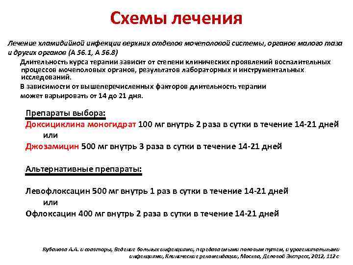 Схемы лечения Лечение хламидийной инфекции верхних отделов мочеполовой системы, органов малого таза и других