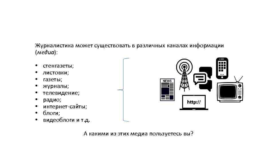 Журналистика может существовать в различных каналах информации (медиа): • • • стенгазеты; листовки; газеты;