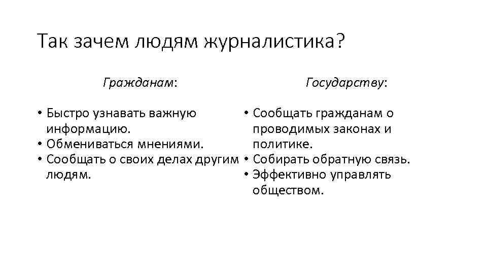 Так зачем людям журналистика? Гражданам: Государству: • Сообщать гражданам о • Быстро узнавать важную