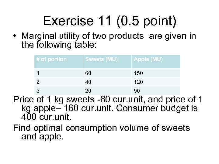 Exercise 11 (0. 5 point) • Marginal utility of two products are given in