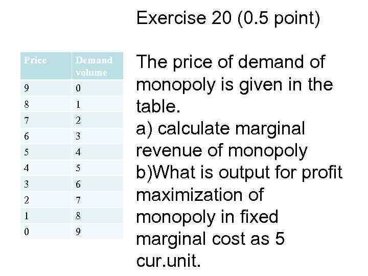 Exercise 20 (0. 5 point) Price Demand volume 9 0 8 1 7 2