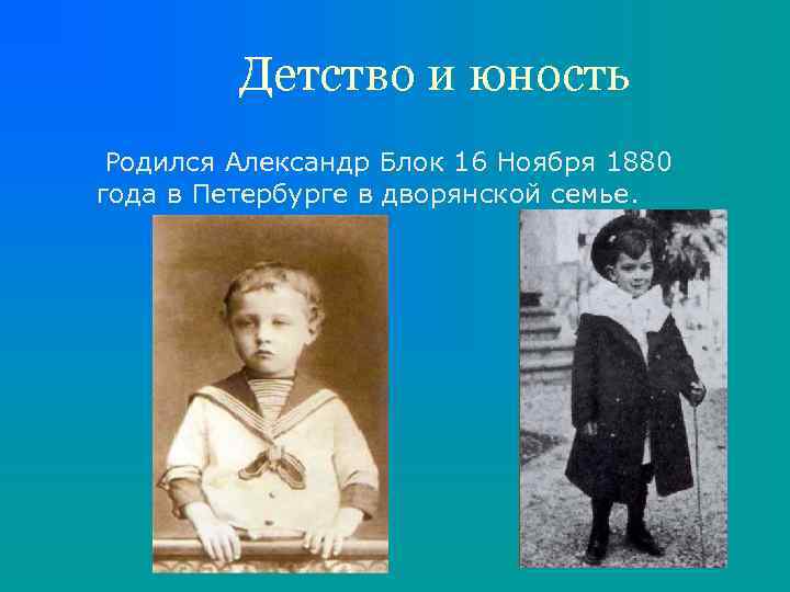 Детство и юность Родился Александр Блок 16 Ноября 1880 года в Петербурге в дворянской