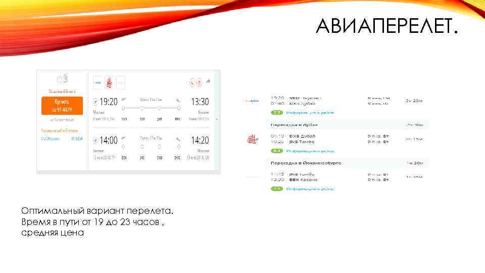 АВИАПЕРЕЛЕТ. Оптимальный вариант перелета. Время в пути от 19 до 23 часов , средняя