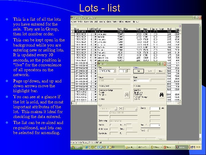Lots - list l l l This is a list of all the lots
