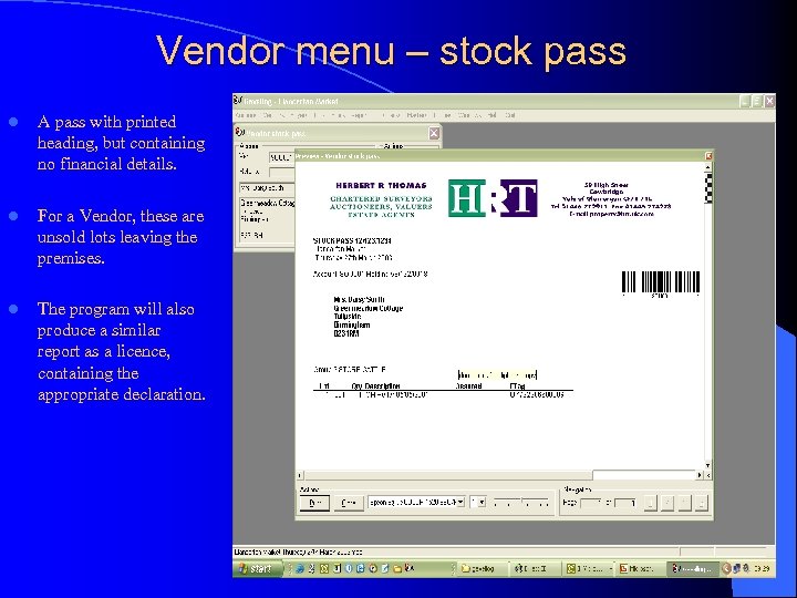 Vendor menu – stock pass l A pass with printed heading, but containing no