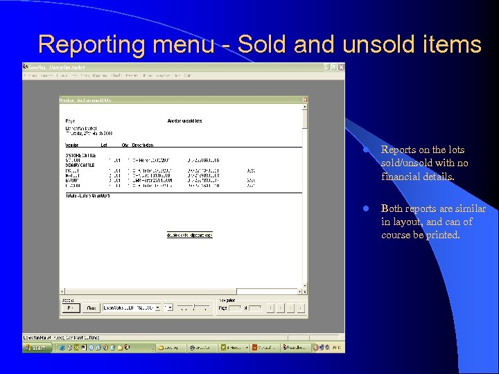 Reporting menu - Sold and unsold items l Reports on the lots sold/unsold with
