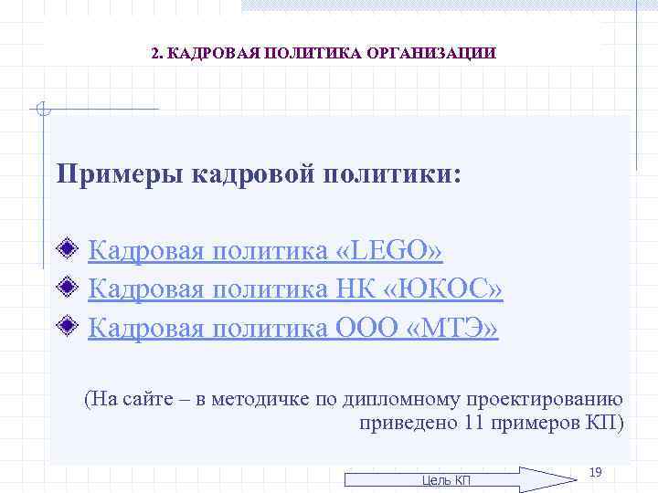 2. КАДРОВАЯ ПОЛИТИКА ОРГАНИЗАЦИИ Примеры кадровой политики: Кадровая политика «LEGO» Кадровая политика НК «ЮКОС»