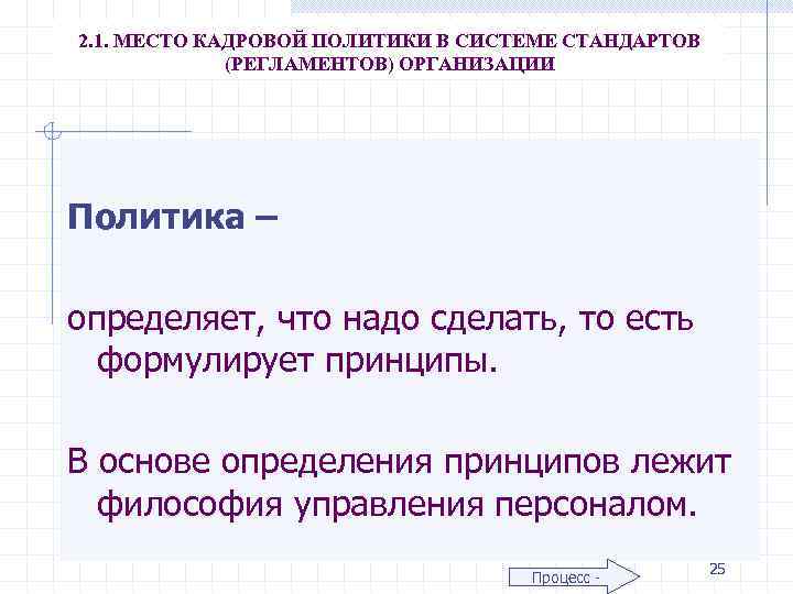 2. 1. МЕСТО КАДРОВОЙ ПОЛИТИКИ В СИСТЕМЕ СТАНДАРТОВ (РЕГЛАМЕНТОВ) ОРГАНИЗАЦИИ Политика – определяет, что