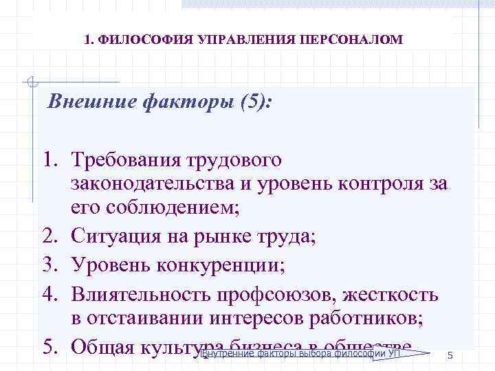 1. ФИЛОСОФИЯ УПРАВЛЕНИЯ ПЕРСОНАЛОМ Внешние факторы (5): 1. Требования трудового законодательства и уровень контроля