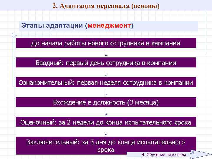 2. Адаптация персонала (основы) Этапы адаптации (менеджмент) До начала работы нового сотрудника в кампании