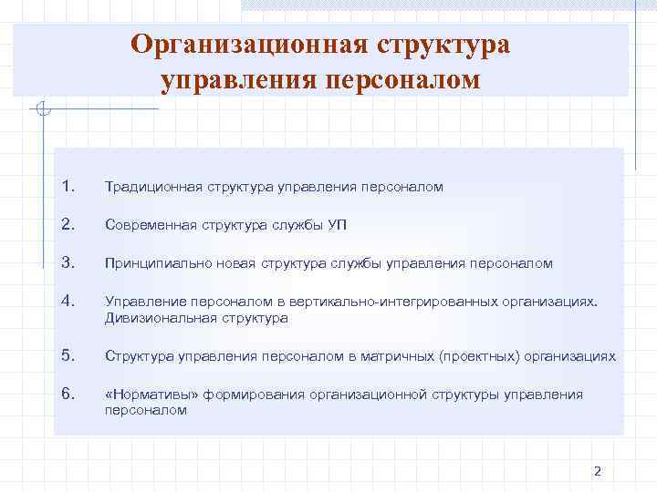 Организационная структура управления персоналом 1. Традиционная структура управления персоналом 2. Современная структура службы УП