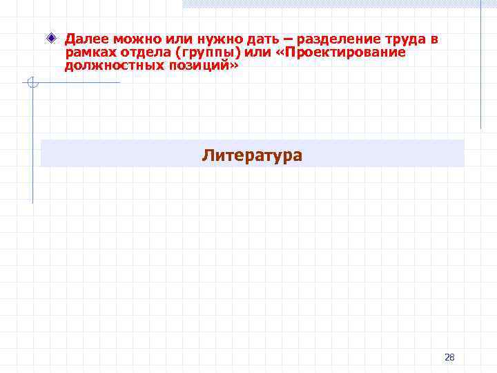 Далее можно или нужно дать – разделение труда в рамках отдела (группы) или «Проектирование