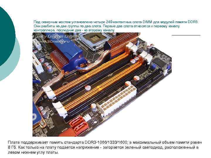 Под северным мостом установлено четыре 240 -контактных слота DIMM для модулей памяти DDR 3.