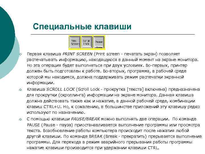 Специальные клавиши ¡ Первая клавиша PRINT SCREEN (Print screen печатать экран) позволяет распечатывать информацию,