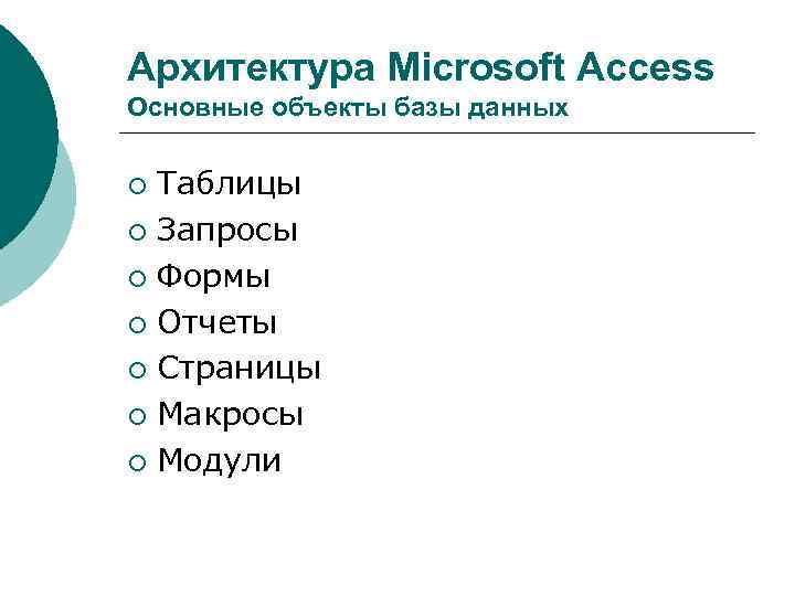 Архитектура Microsoft Access Основные объекты базы данных Таблицы ¡ Запросы ¡ Формы ¡ Отчеты