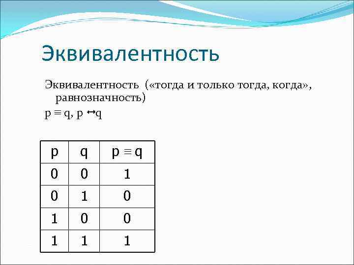Эквивалентность ( «тогда и только тогда, когда» , равнозначность) p ≡ q, p q