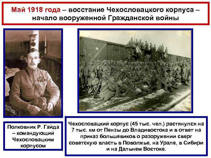 Май 1918 года – восстание Чехословацкого корпуса – начало вооруженной Гражданской войны Полковник Р.