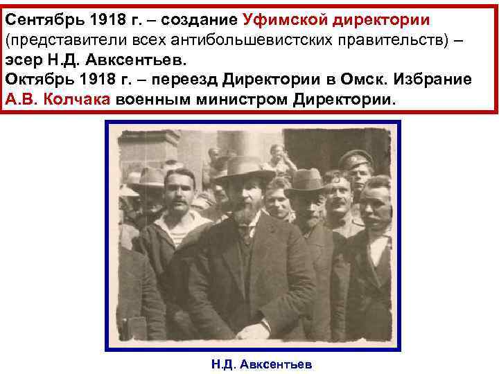 Сентябрь 1918 г. – создание Уфимской директории (представители всех антибольшевистских правительств) – эсер Н.