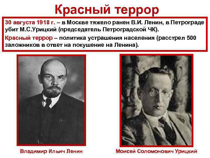 Красный террор 30 августа 1918 г. – в Москве тяжело ранен В. И. Ленин,